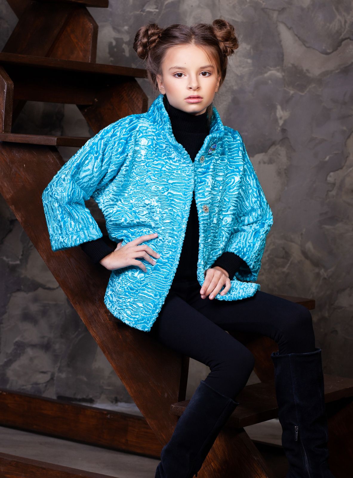 Photo #1 - Kids coat eco fur Tissavel - astrakhan aquamarine