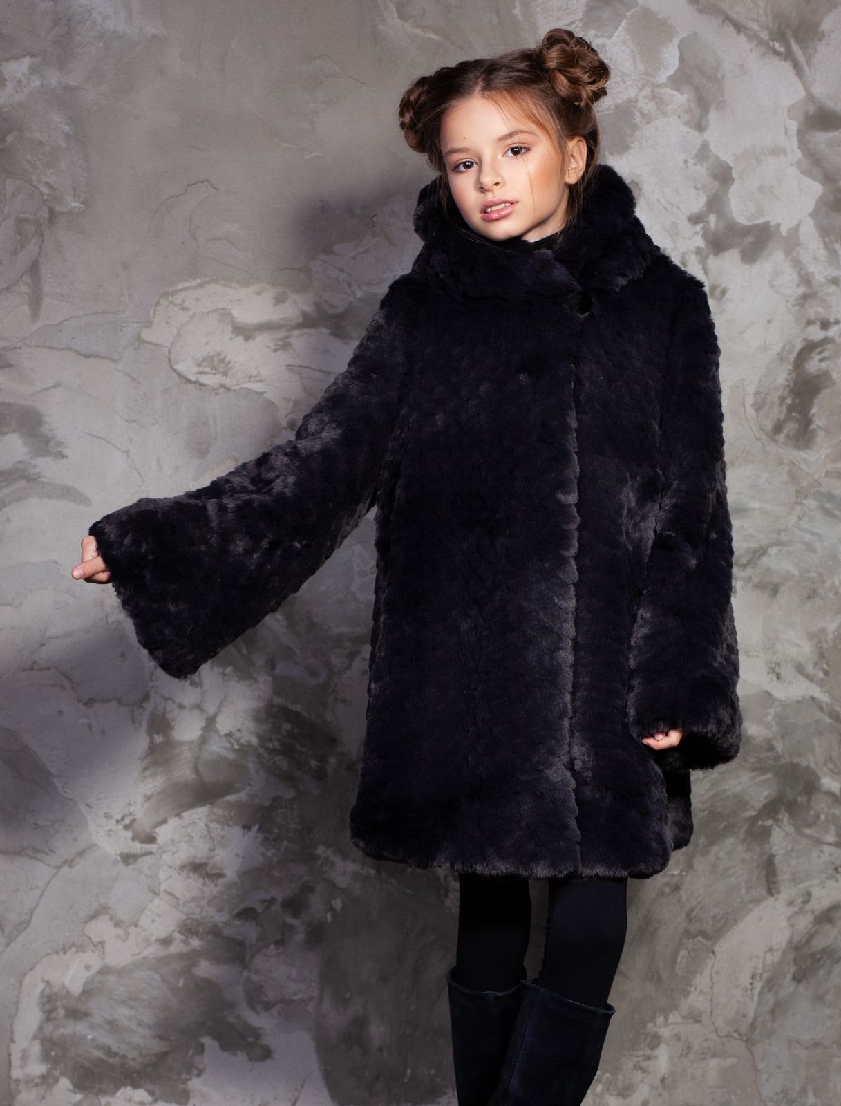 Photo #1 - Kids coat eco fur Tissavel - chinchilla knitted graphite